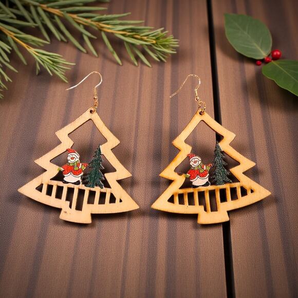 Christmas Tree Wood Earrings New Snowman 3"x3.5" - Picture 3 of 5